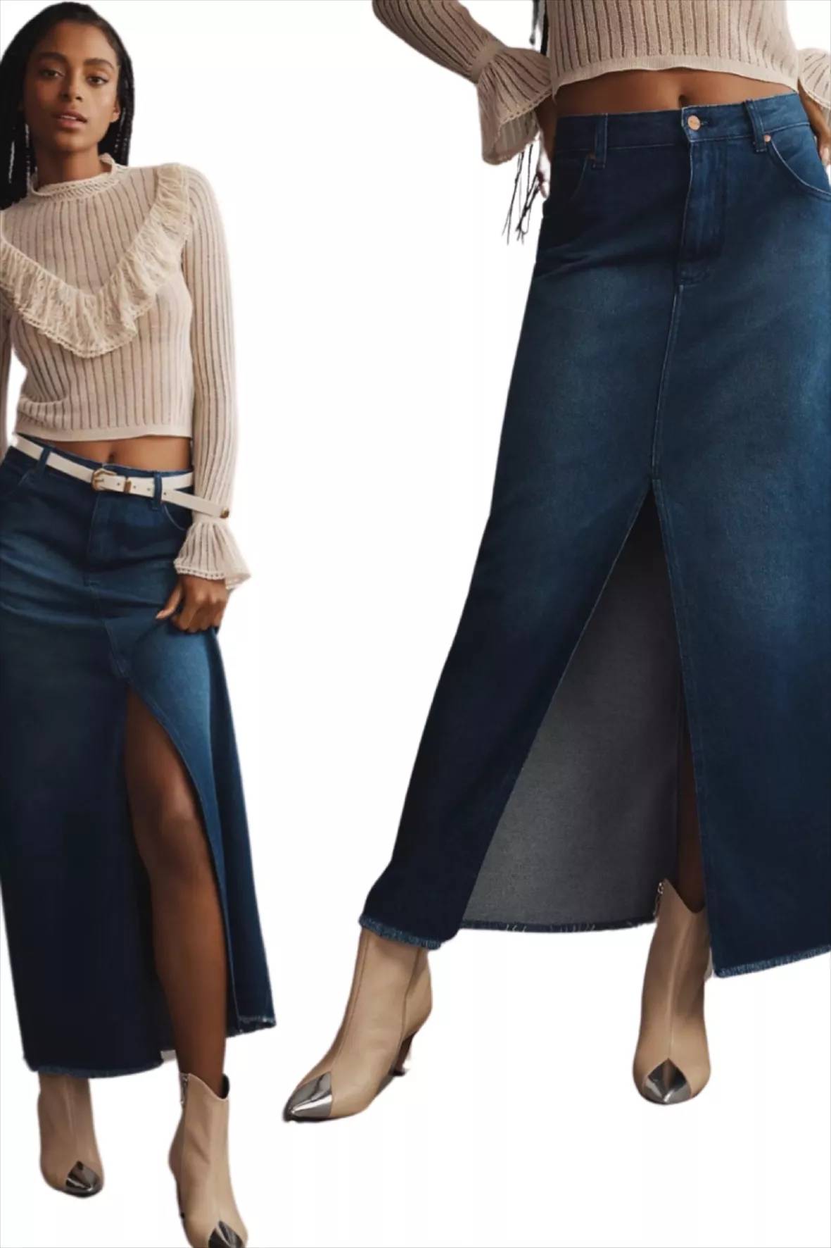 مدل با دامن جین جلو چاک دار، بلوز، کمر بند و بوت کرمی رنگ